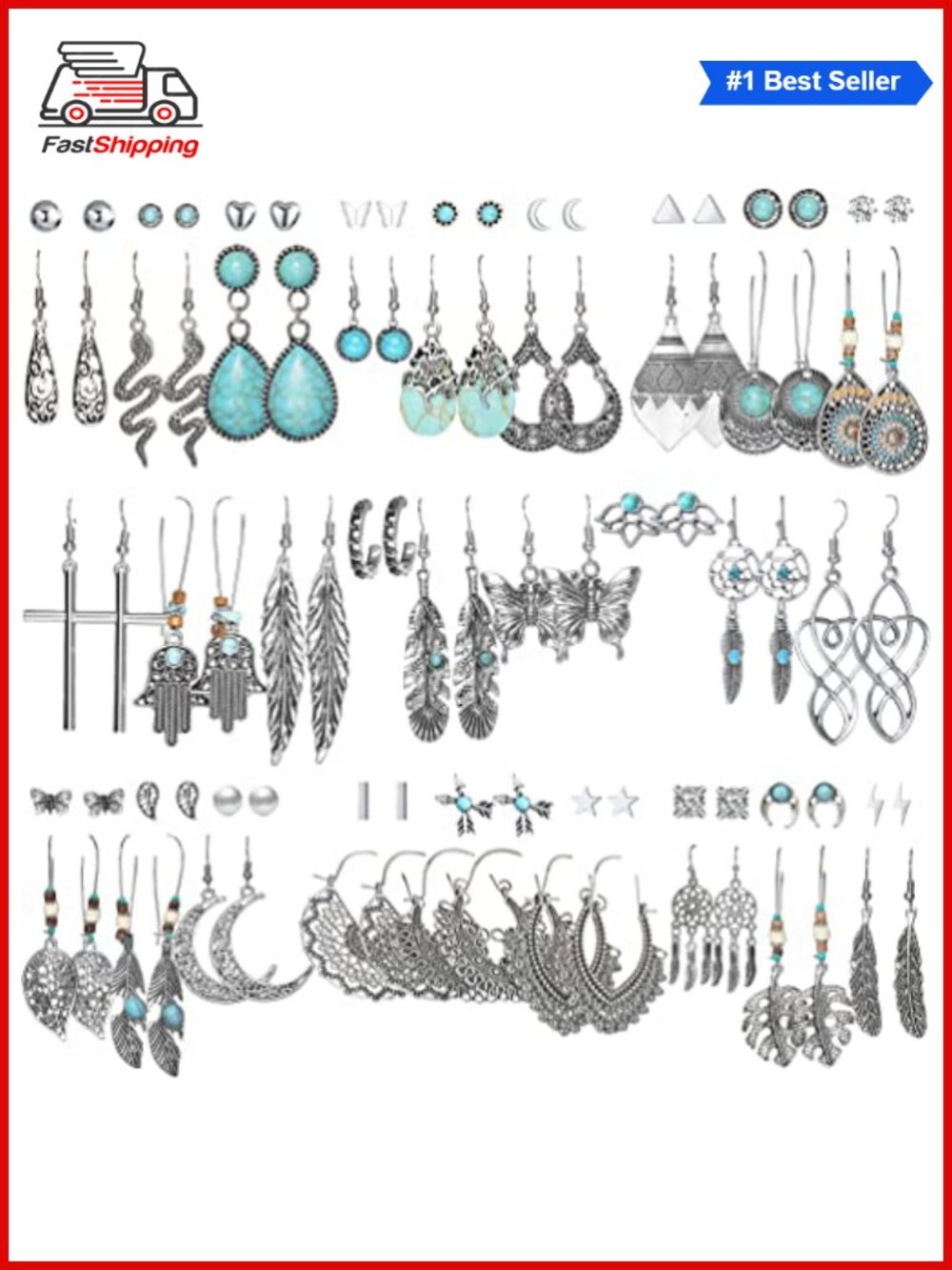 ✨ 45 Pairs Vintage Silver Turquoise Drop Dangle Earrings Set for Women Boho